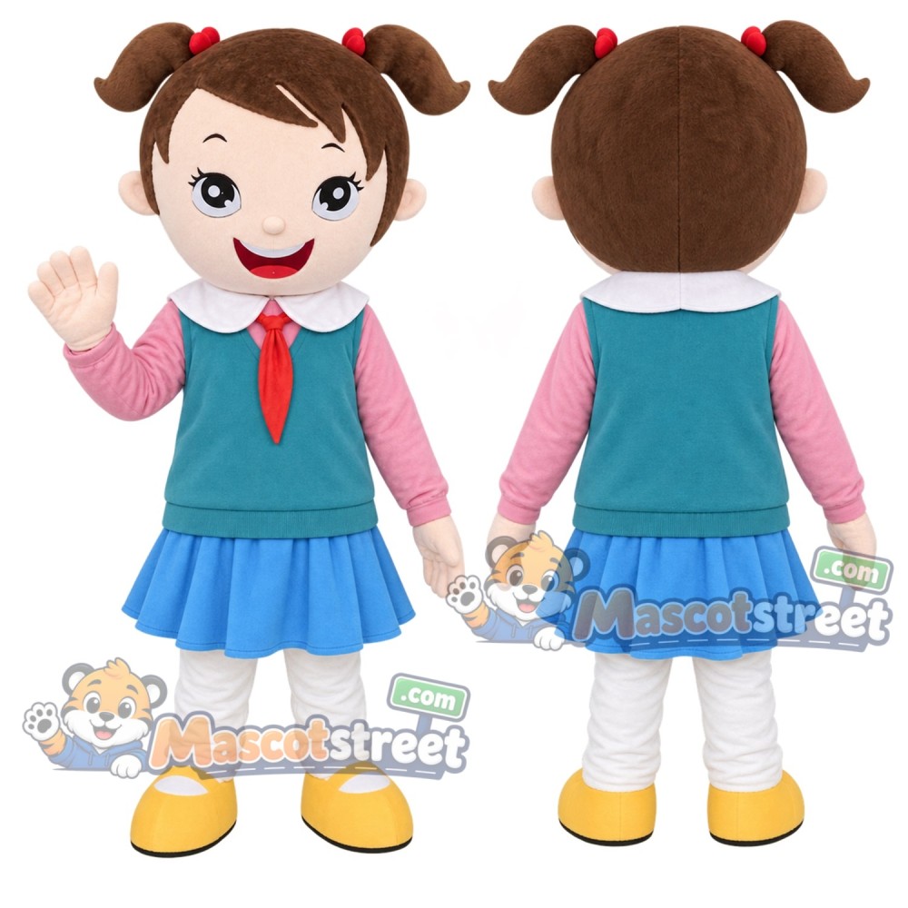 Schoolgirl Mascot Costume with Teal Vest and Blue Skirt Schoolgirl Mascot Costume with Teal Vest and Blue Skirt