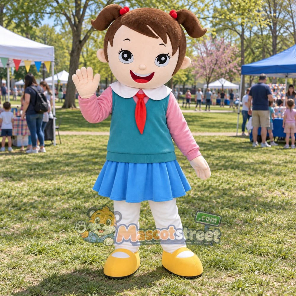 Schoolgirl Mascot Costume with Teal Vest and Blue Skirt Schoolgirl Mascot Costume with Teal Vest and Blue Skirt