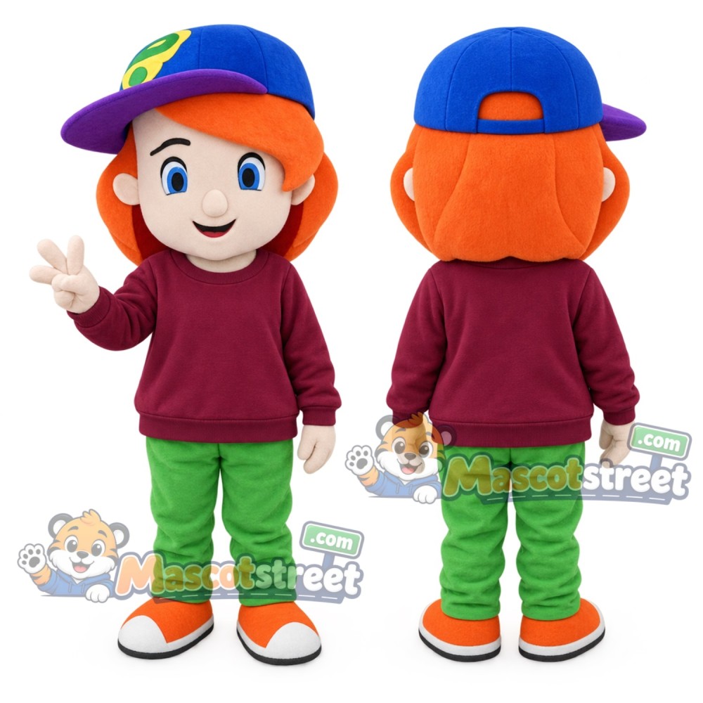 Schoolgirl Mascot Costume with Burgundy Sweatshirt and Blue Cap Schoolgirl Mascot Costume with Burgundy Sweatshirt and Blue Cap