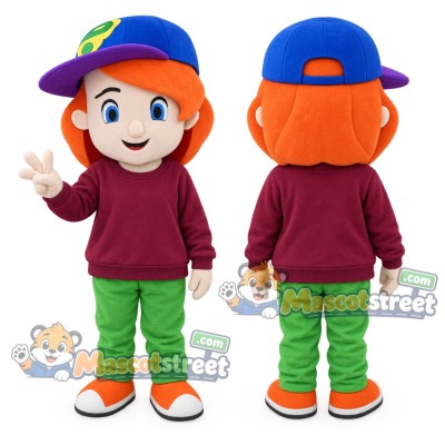 Schoolgirl Mascot Costume with Burgundy Sweatshirt and Blue Cap Schoolgirl Mascot Costume with Burgundy Sweatshirt and Blue Cap