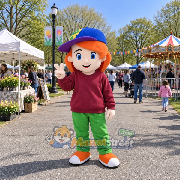 Schoolgirl Mascot Costume with Burgundy Sweatshirt and Blue Cap