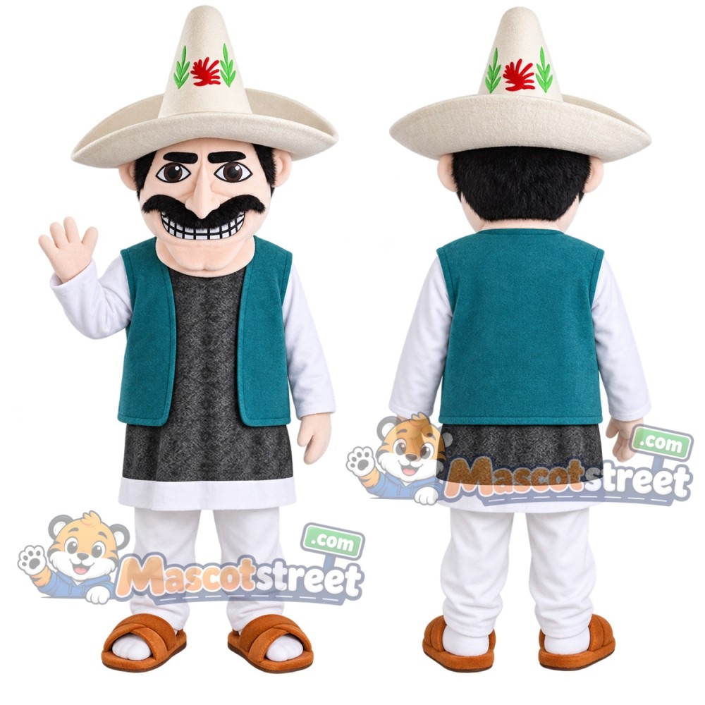 Mustached Man Mascot Costume with Teal Vest and Sombrero Mustached Man Mascot Costume with Teal Vest and Sombrero