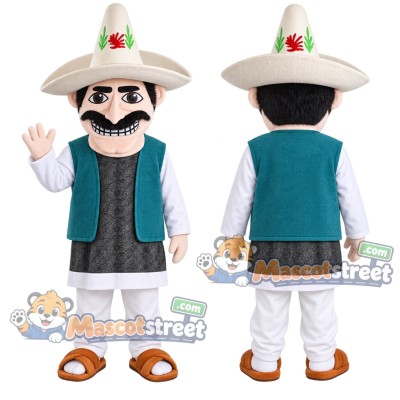 Mustached Man Mascot Costume with Teal Vest and Sombrero Mustached Man Mascot Costume with Teal Vest and Sombrero