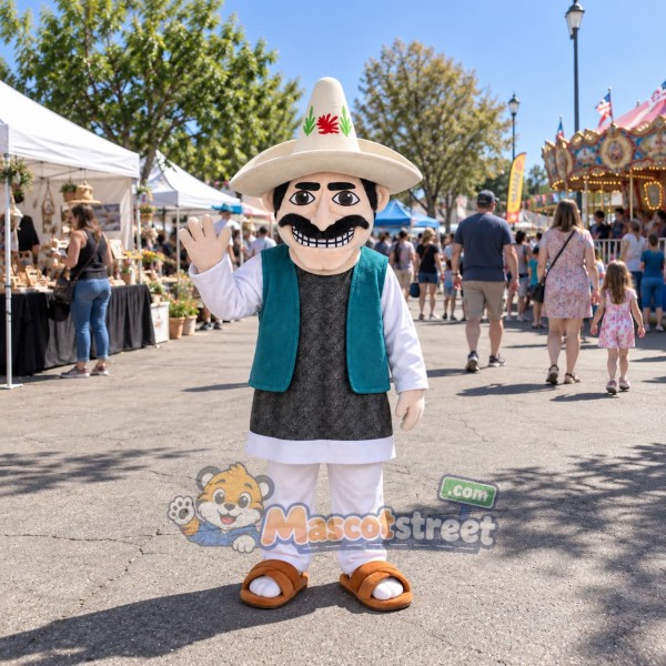 Mustached Man Mascot Costume with Teal Vest and Sombrero
