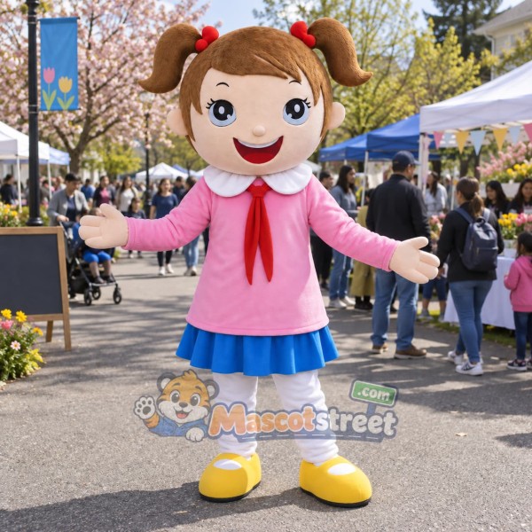 Girl Mascot Costume with Pink Coat and Blue Skirt