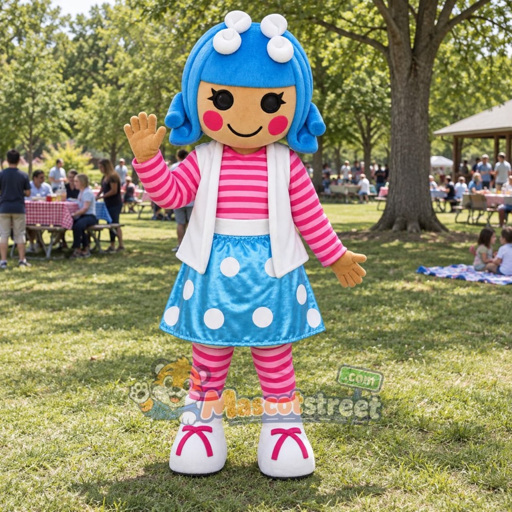 Blue-Haired Girl Mascot Costume with Polka-Dot Dress Blue-Haired Girl Mascot Costume with Polka-Dot Dress