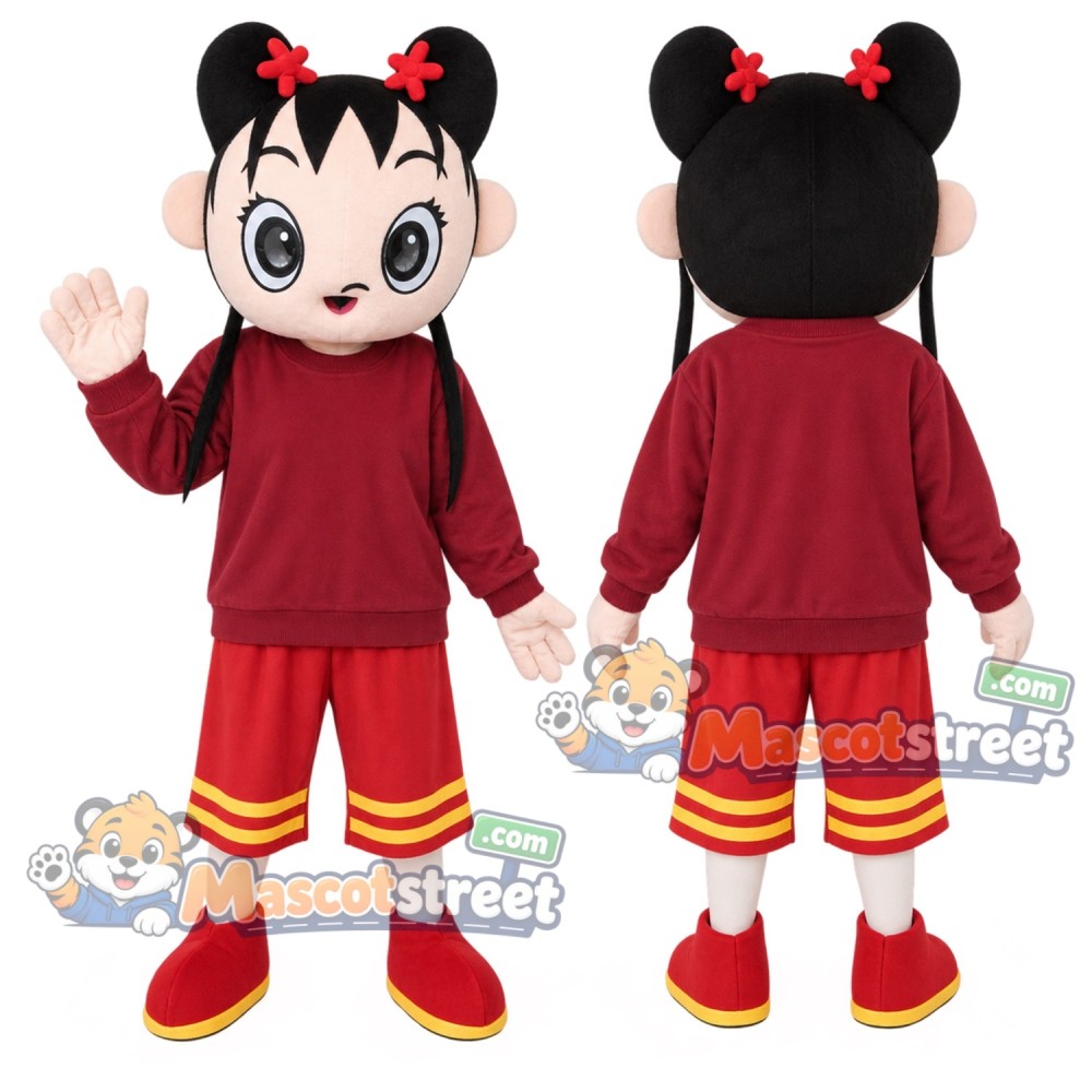 Girl Mascot Costume with Burgundy Sweatshirt and Red Shorts