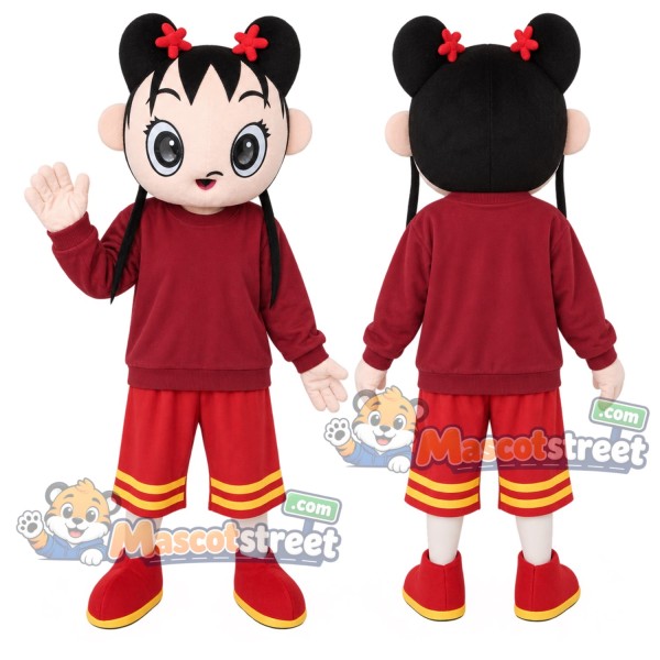 Girl Mascot Costume with Burgundy Sweatshirt and Red Shorts