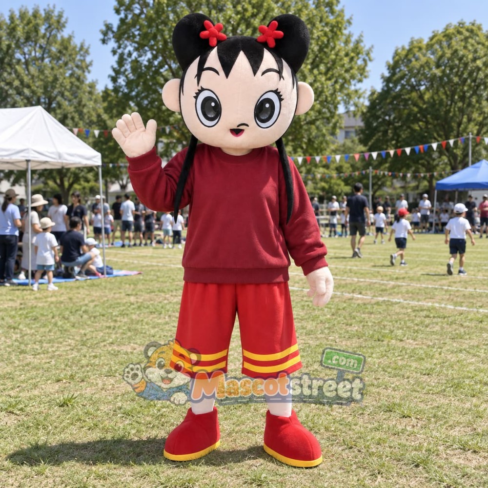 Girl Mascot Costume with Burgundy Sweatshirt and Red Shorts