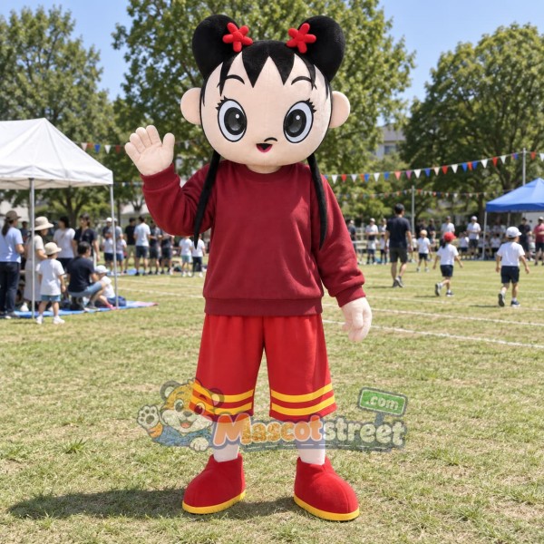 Girl Mascot Costume with Burgundy Sweatshirt and Red Shorts