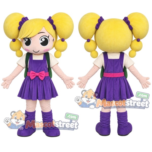 Blonde Girl Mascot Costume with Purple Dress