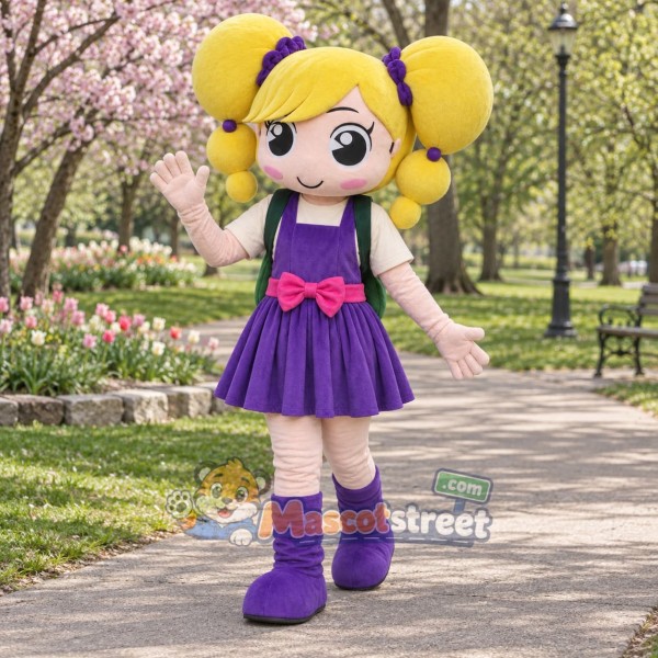 Blonde Girl Mascot Costume with Purple Dress