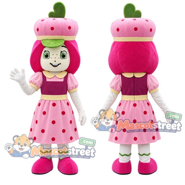 Strawberry Girl Mascot Costume with Pink Spotted Dress