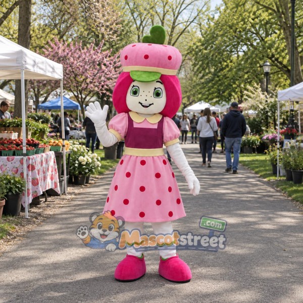 Strawberry Girl Mascot Costume with Pink Spotted Dress