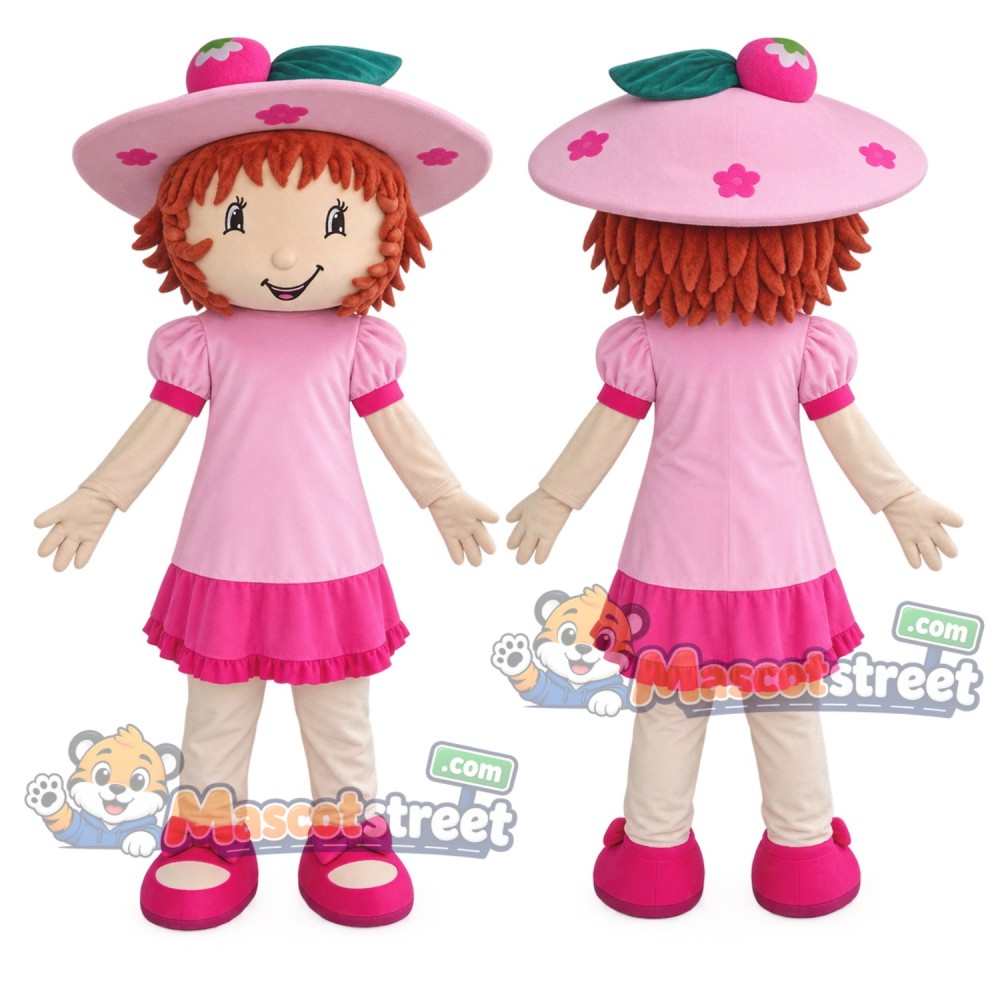 Strawberry Girl Mascot Costume with Pink Dress and Hat