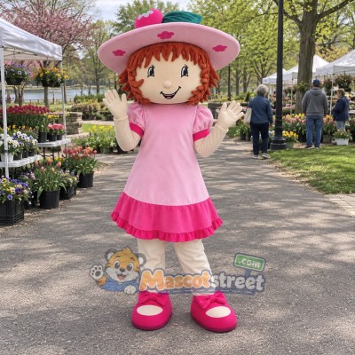 Strawberry Girl Mascot Costume with Pink Dress and Hat