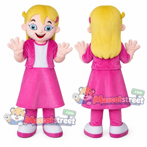 Blonde Girl Mascot Costume with Pink Dress