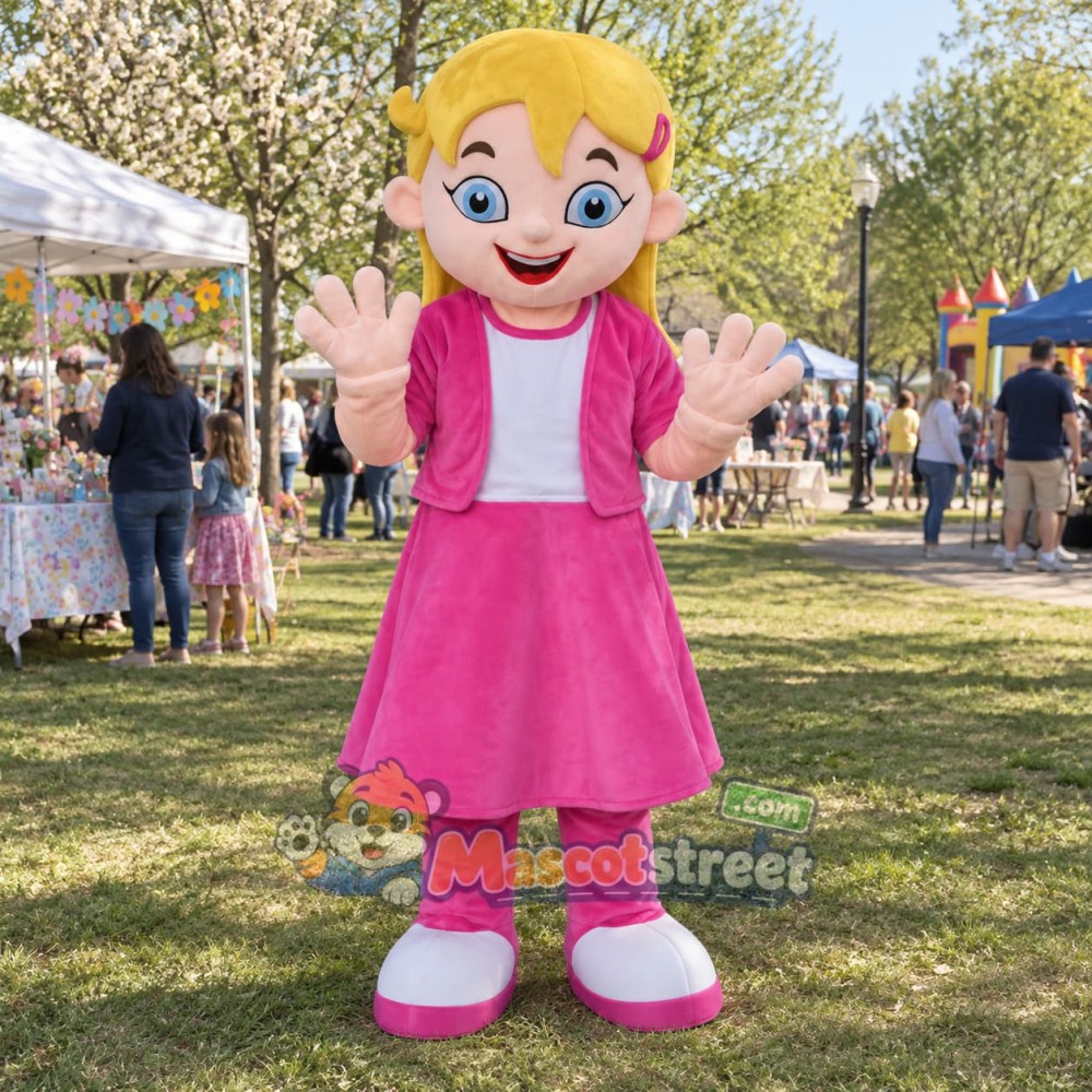 Blonde Girl Mascot Costume with Pink Dress Blonde Girl Mascot Costume with Pink Dress