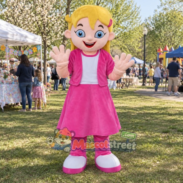 Blonde Girl Mascot Costume with Pink Dress
