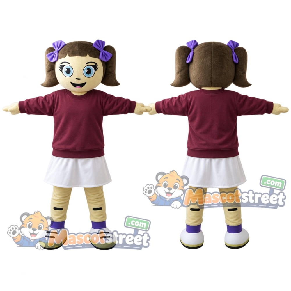 Girl Mascot Costume with Burgundy Sweatshirt and White Skirt
