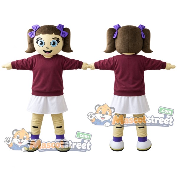 Girl Mascot Costume with Burgundy Sweatshirt and White Skirt