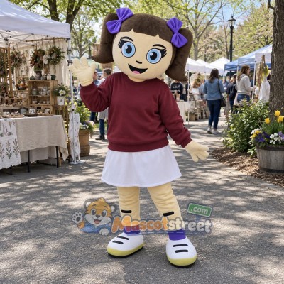 Girl Mascot Costume with Burgundy Sweatshirt and White Skirt