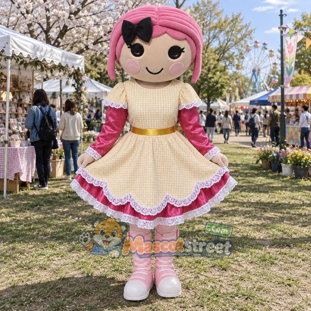 Pink-Haired Girl Mascot Costume with Cream Dress