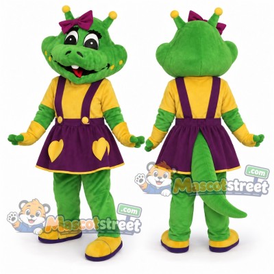 Green Crocodile Mascot Costume with Purple Dress