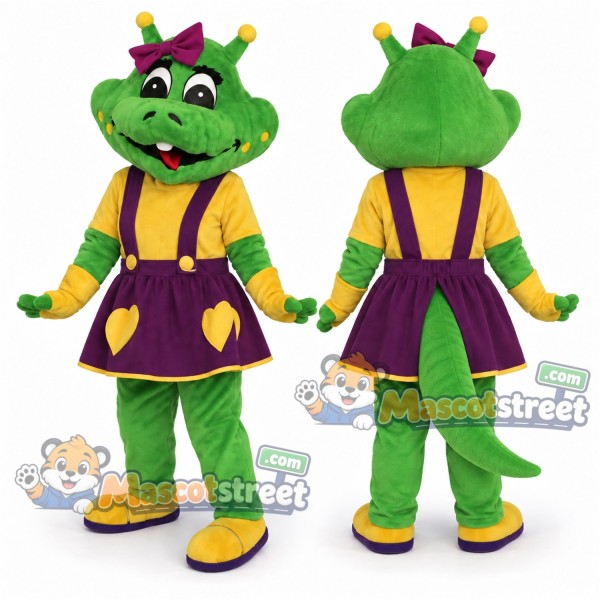 Green Crocodile Mascot Costume with Purple Dress