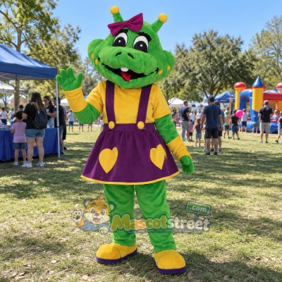 Green Crocodile Mascot Costume with Purple Dress