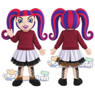 Girl Mascot Costume with Burgundy Sweatshirt and White Skirt