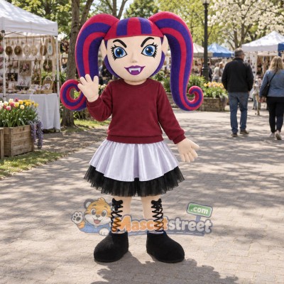 Girl Mascot Costume with Burgundy Sweatshirt and White Skirt