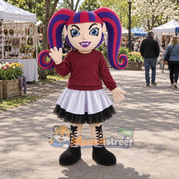 Girl Mascot Costume with Burgundy Sweatshirt and White Skirt