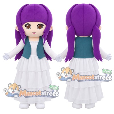 Purple-Haired Girl Mascot Costume with White Dress and Teal Vest Purple-Haired Girl Mascot Costume with White Dress and Teal Vest