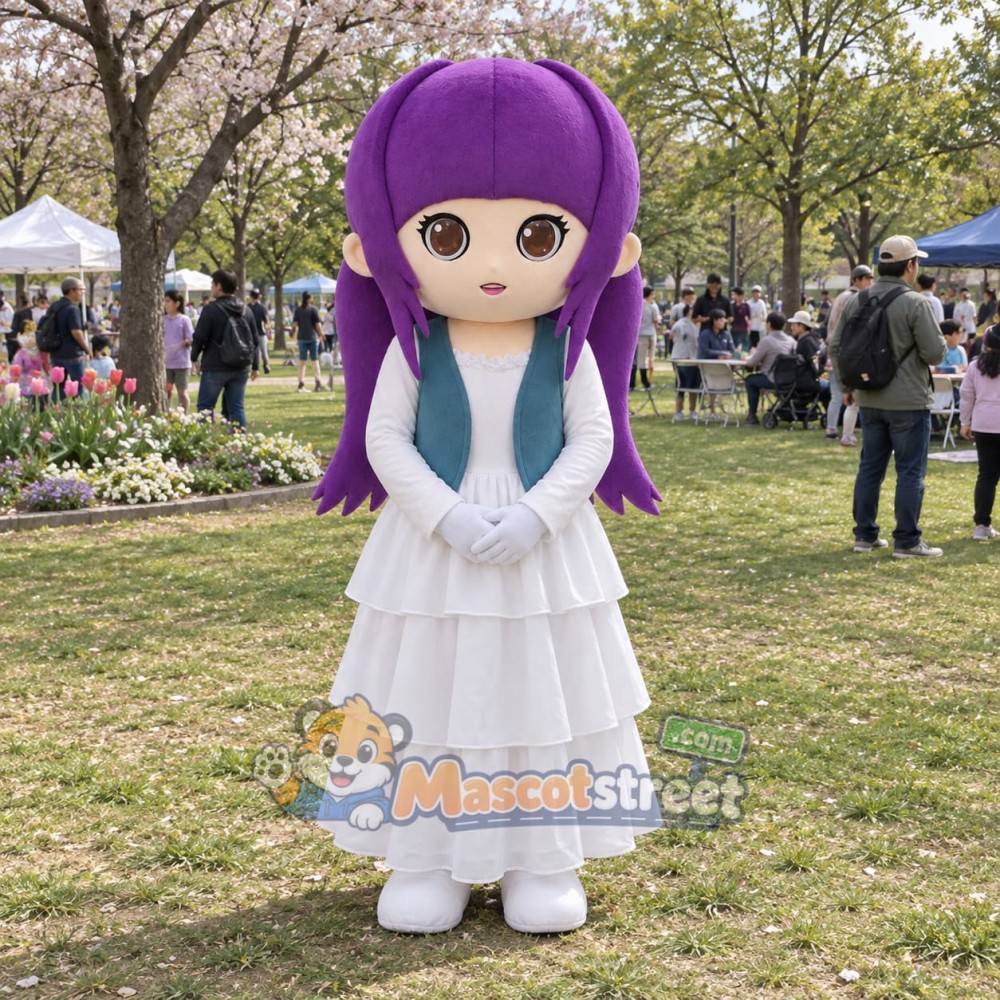 Purple-Haired Girl Mascot Costume with White Dress and Teal Vest Purple-Haired Girl Mascot Costume with White Dress and Teal Vest