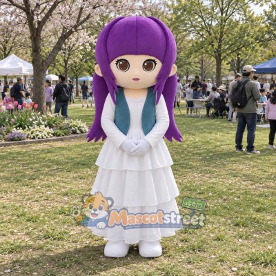 Purple-Haired Girl Mascot Costume with White Dress and Teal Vest Purple-Haired Girl Mascot Costume with White Dress and Teal Vest