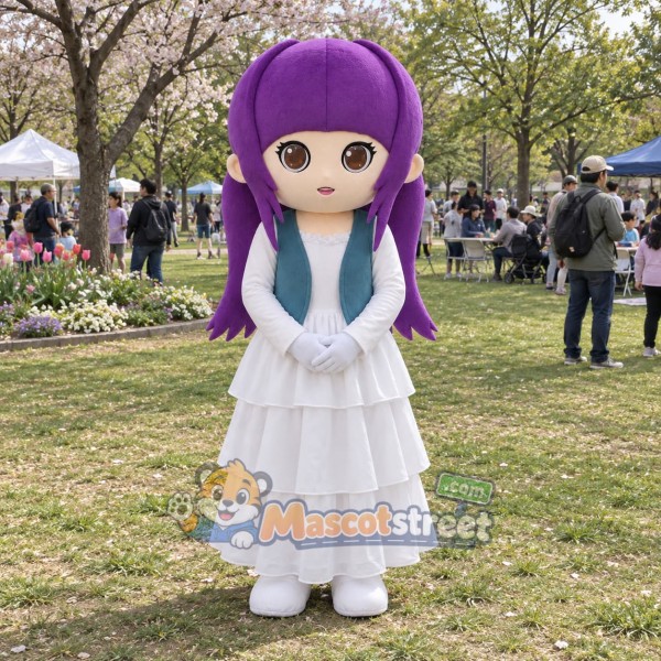 Purple-Haired Girl Mascot Costume with White Dress and Teal Vest
