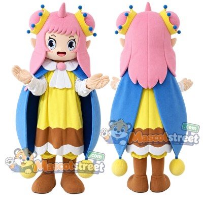 Pink-Haired Princess Mascot Costume with Yellow Dress and Blue Cape
