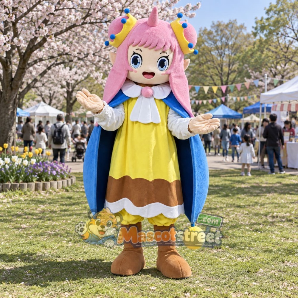Pink-Haired Princess Mascot Costume with Yellow Dress and Blue Cape