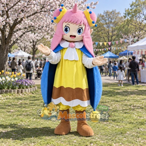 Pink-Haired Princess Mascot Costume with Yellow Dress and Blue Cape