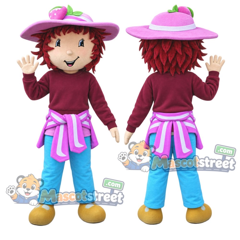 Strawberry Girl Mascot Costume with Burgundy Shirt and Pink Apron