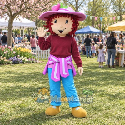 Strawberry Girl Mascot Costume with Burgundy Shirt and Pink Apron