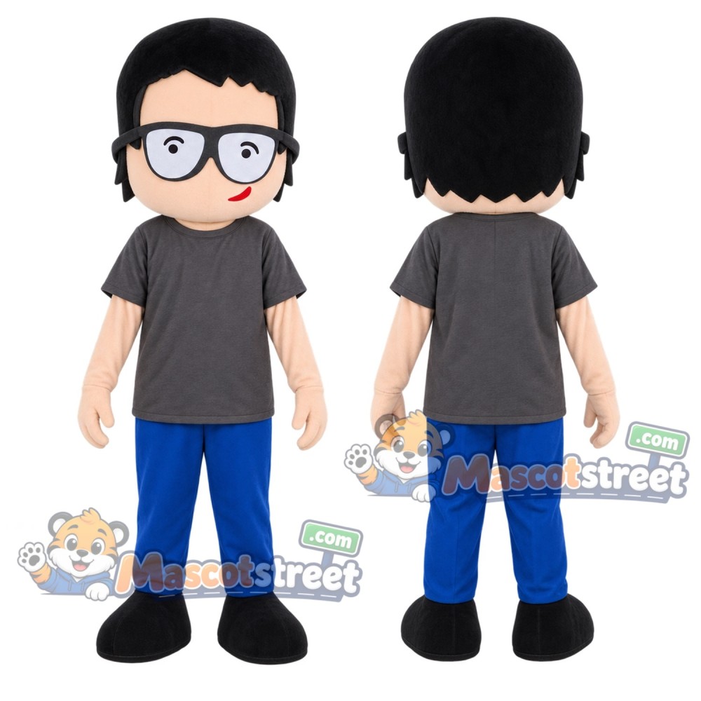 Boy Mascot Costume with Gray Shirt and Glasses Boy Mascot Costume with Gray Shirt and Glasses