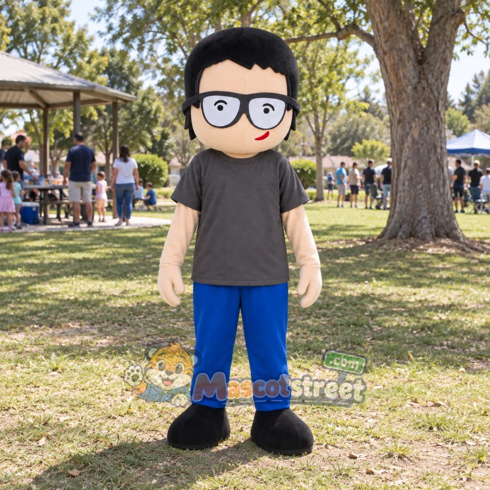 Boy Mascot Costume with Gray Shirt and Glasses Boy Mascot Costume with Gray Shirt and Glasses