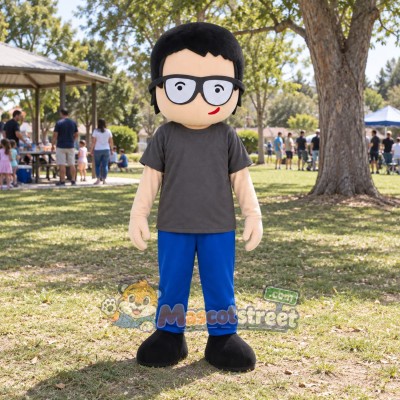 Boy Mascot Costume with Gray Shirt and Glasses Boy Mascot Costume with Gray Shirt and Glasses