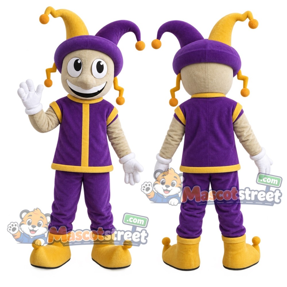 Jester Mascot Costume with Purple and Yellow Costume