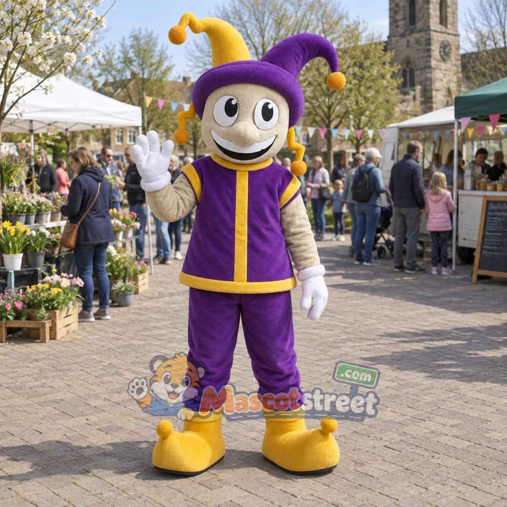 Jester Mascot Costume with Purple and Yellow Costume