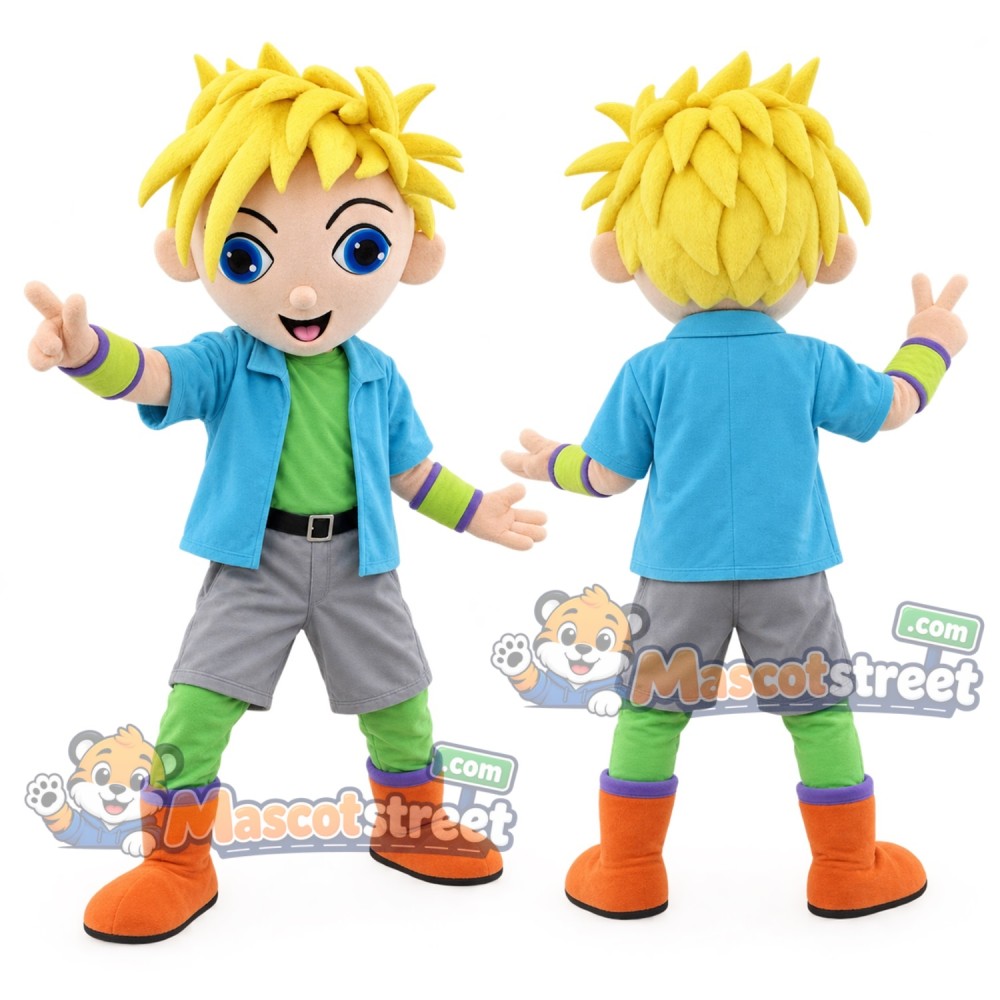 Blonde Boy Mascot Costume with Teal Jacket Blonde Boy Mascot Costume with Teal Jacket