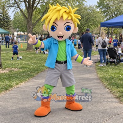 Blonde Boy Mascot Costume with Teal Jacket Blonde Boy Mascot Costume with Teal Jacket