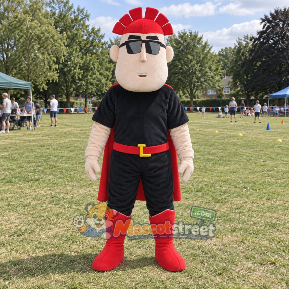 Red-Haired Boy Mascot Costume with Black Shirt and Sunglasses Red-Haired Boy Mascot Costume with Black Shirt and Sunglasses